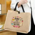 Jute tote bag with baking print, durable handles and stylish design for daily shopping. - Style 4