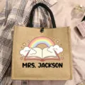 Customized teacher jute tote bag with cute rainbow book print, eco-friendly casual handbag. - Rainbow and Books Style (1)