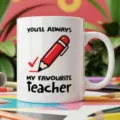Teacher theme ceramic coffee mug detail shot, white cup with cute red pencil graphic and text. - Style 4 / 350ml