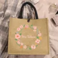 Floral jute tote bag detail, custom name print canvas handbag with black handles - Floral Wreath Print (2)
