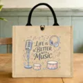 Detailansicht der niedlichen Jute-Bento-Tasche mit Musikdruck und stabilen Griffen. - Musikmikrofon Stil (15)