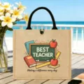 Detailaufnahme der personalisierten Lehrertasche aus Jute mit Schultafel und Apfelmotiv. - Bester Lehrer Stil (05)