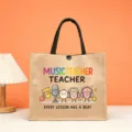 Jute tote bag with cute music teacher print, reusable eco shopping grocery handbag. - Music Teacher Style (2)