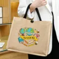 Teacher survival kit jute tote bag, stylish burlap handbag with printed school theme design. - Style 2