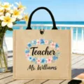 Personalisierte Lehrer Jute Tasche Blumen Leinen Handtasche Große Kapazität Einkaufstasche - Blumenkranz Stil (03)