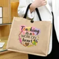 Close-up of the teacher quote print and durable jute fabric on this stylish tote bag detail. - Style 1