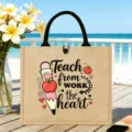 Personalisierte Jute Handtasche fuer Lehrerin Blumen Apfel Muster grosse Kapazitaet - Lehrer Dankbarkeit Stil (02)