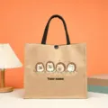 Close-up of customizable jute tote bag with cute cartoon hedgehog print and black handles. - Style 2