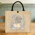 Jute-Lunchtasche mit niedlicher Katzen-Illustration und Henkel, ideal für Arbeit und den Alltag. - Katze und Garn Stil (12)
