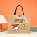 Stylish jute tote bag with black handles, featuring a cute teacher print and snap closure. - Super Teacher Classic Style (13)