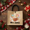 Custom jute tote bag with teacher theme and personalized name, perfect holiday gift. - Style 18