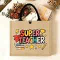 Detailed view of teacher jute tote bag with colorful print, premium burlap shopping bag. - Super Teacher Stationery Style (11)