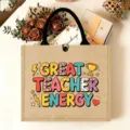 Jute tote bag with teacher text print, stylish burlap shopping bag with handles and snap. - Teacher Energy Style (9)