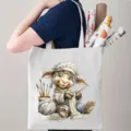Canvas draagtas met schattig cartoon schaap breimotief, ideaal voor dagelijks winkelen - Schaap Breien en Penseel Composiet (09)