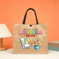 Jute tote bag with teacher brain print, stylish hessian shopping bag with sturdy handles. - Teacher Brain Style (8)