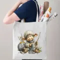 Canvas draagtas met schattig cartoon schaap breien ontwerp, ideaal voor dagelijks winkelen. - Retro Cartoon Schaap Fijne Print (07)