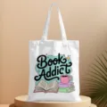 Vista dettagliata della borsa di tela per amanti dei libri con stampa grafica e cuciture. - Stile 10