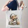 Gedetailleerd overzicht van de schattige cartoon schaap canvas tas met schouderband. - Breien en Schilderen Schaap Thema (05)