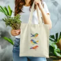 Nahaufnahme der süßen Canvas-Tragetasche mit Aquarell-Vogelprint und weichem Stoff. - Stil 04