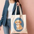 Detail view of cute puppy canvas tote bag, featuring blue scalloped frame design for daily use. - 06