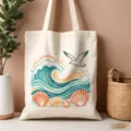 Borsa shopper in tela con stampa di gabbiano e conchiglie, ideale per le vacanze estive. - Stile con Stampa Gabbiano e Onda (02)