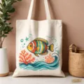 Dettaglio di borsa shopper in tela con vivace stampa di pesce tropicale e onde marine. - Stile con Stampa Pesci Tropicali e Corallo (03)