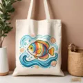 Primo piano della borsa in tela con stampa di pesce colorato e un'estetica da spiaggia estiva. - Stile con Stampa Pesci Tropicali Colorati e Onda (04)