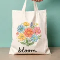 Detailaufnahme des weißen Segeltuch-Shoppers mit buntem Blumenstrauß-Druck und Aufschrift. - Buntes Illustrations-Stil (04)