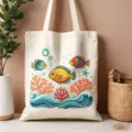Dettaglio della borsa di tela con stampa colorata di pesci marini e coralli estivi. - Stile con Stampa Pesci di Mare Cartone Animato (05)