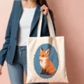 Cute cartoon fox canvas tote bag with blue scalloped frame, casual student shoulder handbag. - 11