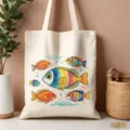 Vista dettagliata di una borsa in tela con stampa di pesci colorati in ambientazione. - Stile con Stampa Pesci Tropicali Acquerello (07)