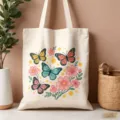 Borsa shopper in tela con stampa farfalle e fiori colorati, dettaglio borsa a spalla - Stile con Stampa Farfalle Colorate e Fiori (08)