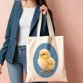 Canvas tote bag featuring cute yellow chick print and blue border for daily casual use. - 09