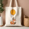 Borsa shopper in tela con simpatico volpe cartoon e palloncino giallo, borsa. - Stile Volpe (04)