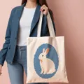 Canvas tote bag featuring a cute rabbit print and blue lace border, stylish student shoulder bag. - 07