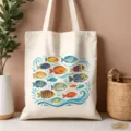 Borsa shopper in tela dettaglio, con stampa di pesci tropicali colorati, stile capiente. - Stile con Stampa Banco di Pesci Tropicali Vivaci (10)