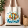 Borsa tote in tela con stampa di pesce, grande borsa per la spesa ecologica casual dettaglio. - Stile con Stampa Pesci e Onda Acquerello (12)