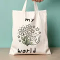 Nahaufnahme der weißen Stofftasche mit niedlichem Katzen- und Blumen-Print sowie Text. - Graffiti-Skizzen-Stil (15)