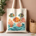 Borsa tote in tela di cotone con stampa di pesci marini colorati, ideale per l'uso quotidiano estivo. - Stile con Stampa Pesci Marini e Corallo (13)