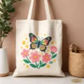 Dettaglio borsa shopper in tela con stampa colorata di farfalle e fiori per uso quotidiano. - Stile con Stampa Farfalla e Fiori Disegnato a Mano (14)