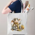 Canvas shopper tas met schattig cartoon schaap breien patroon, stijlvolle enkele schouder tas. - Breiend Lam Stijl A (02)