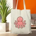 Τσάντα shopper από καμβά με ροζ χταπόδι, λεπτομερής όψη του καθαρού σχεδίου εκτύπωσης. - Στυλ Ροζ Χταπόδι (04)