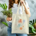 Beige Segeltuch Tragetasche mit Meeresleben Druck, praktische Einkaufstasche Alltag. - Stil 10
