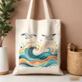 Primo piano dettagliato della borsa in tela con stampa artistica di gabbiani e onde oceaniche. - Stile con Stampa Classica Gabbiano e Onda (16)