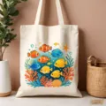 Vista dettagliata della borsa in tela con stampa di pesci, shopper ecologica e capiente. - Stile con Stampa Pesci Sott'acqua e Corallo (19)