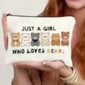 Canvas cosmetic zipper pouch featuring cute cartoon bears and fun typography design details. - Bear Style (011)