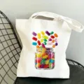 Modische bedruckte Canvas-Tragetasche für Reisen, Strand und Alltag mit niedlichem Bonbon-Design. - Öko Jelly Beans Stil (010)