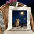 White canvas tote bag featuring cute hedgehog night scene print, perfect for daily travel. - Night Hedgehog Style (15)