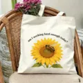 Canvas tote bag with cute sunflower bee print, casual shoulder bag for daily travel use. - Sunflower Bee Style (13)