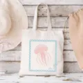 Detailansicht der Segeltuchtasche mit rosafarbenem Qualle-Druck, ideal für den Sommerstrand. - Rosa Qualle / 35x40cm